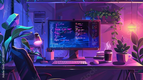 Futuristic Digital Lock and Puzzle Elements in a Neon Cybersecurity Environment