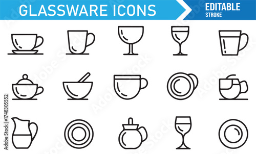 Kitchen tableware icons pack, linear vector cups, bowls, and glasses for cooking or restaurant concept art
