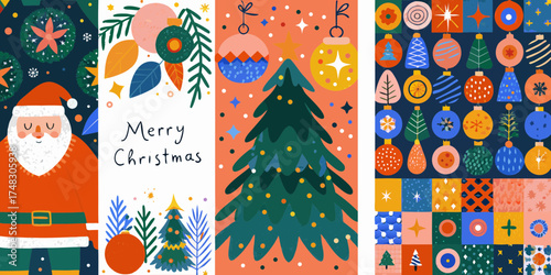 Whimsical christmas collage featuring santa claus festive trees ornaments and geometric patterns