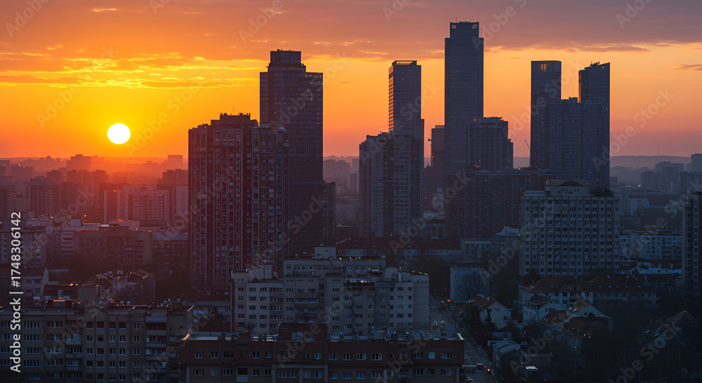 Obraz premium Urban dawn: A breathtaking panorama of skyscrapers at sunrise in the city