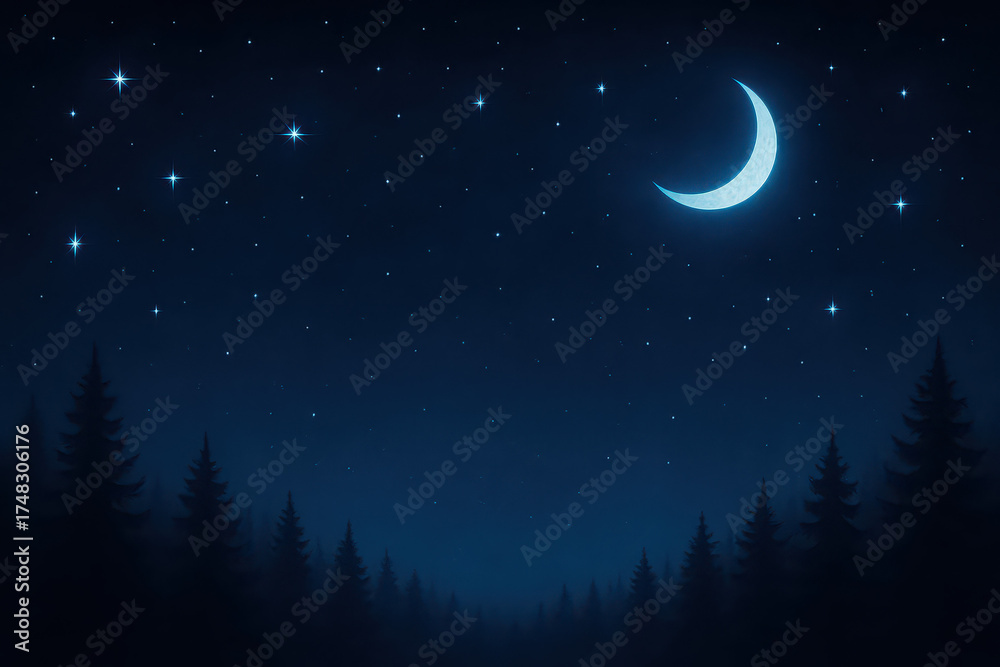 Fototapeta premium Calm winter night sky with a glowing crescent moon and sparkling stars above a forest silhouette — ideal for peaceful, dreamy, or Christmas night backgrounds.
