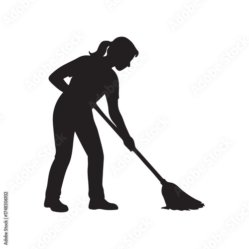 silhouettes of woman cleaning sweeping vector illustration