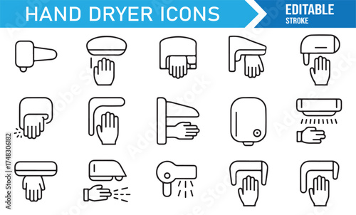 Hygiene air dryer vector pack, outline symbols for electric drying machines and clean restroom design