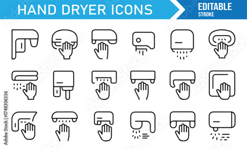 Electric hand dryer vector set with hands, editable stroke outline design for public washroom graphics