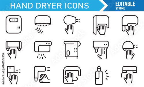 Hand drying machine icon collection, linear vector symbols for bathroom appliances and sanitation design