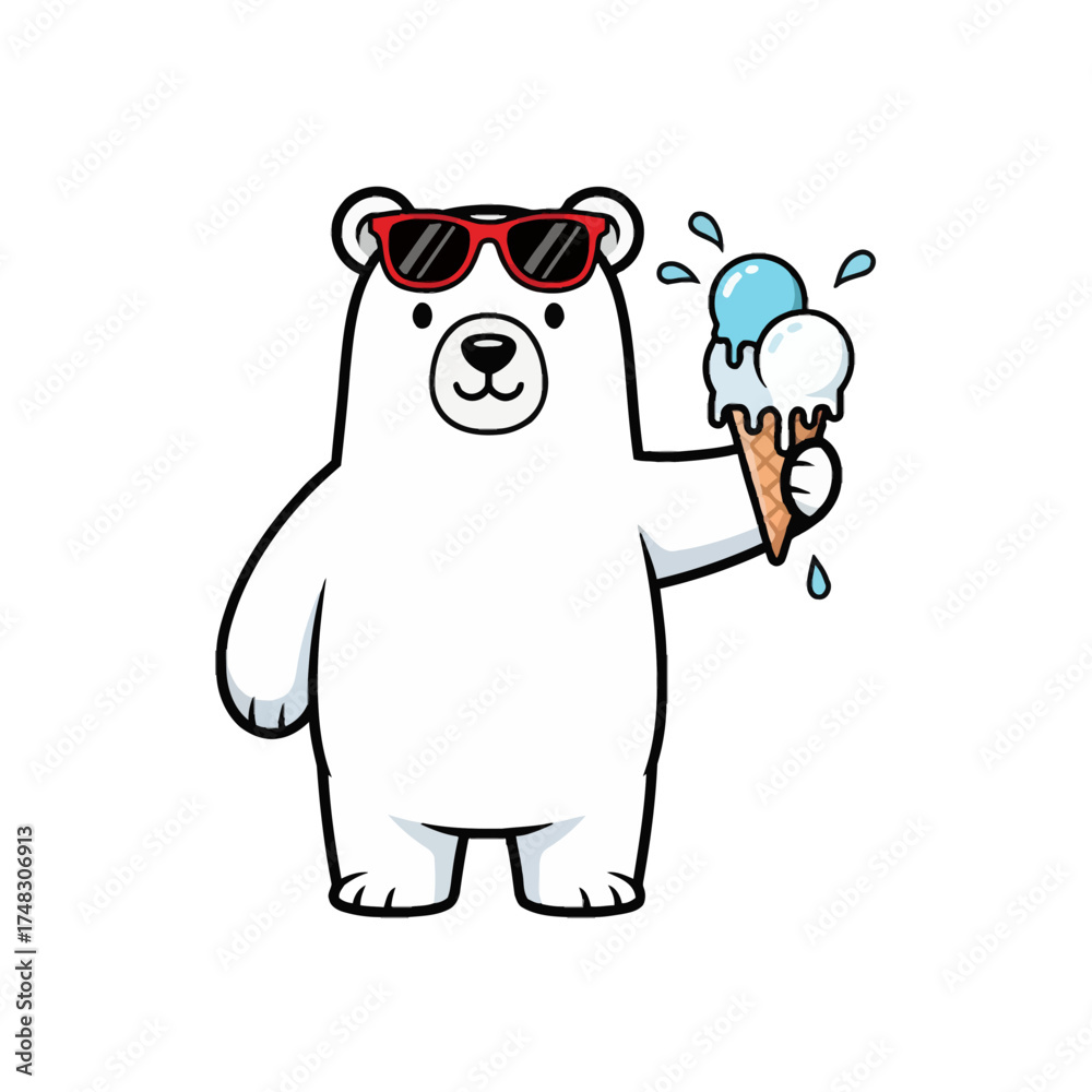 Fototapeta premium A cute cartoon polar bear wearing sunglasses and holding a melting ice cream cone, perfect for summer and sweet treat themes