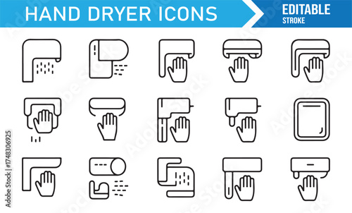 Hand dryer icons set, editable stroke vector illustration of electric air blowers and restroom hygiene devices