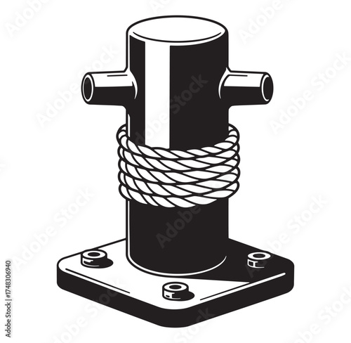 Black and white illustration of a nautical bollard wrapped with thick rope for mooring.