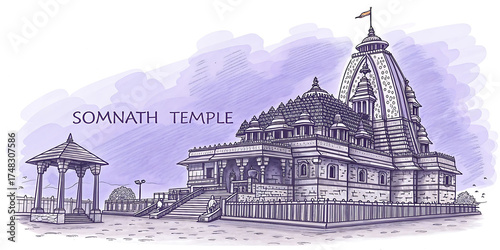 Somnath Temple Detailed Line Vector Art with Sea Shore, Triveni Sangam, and Lighthouse – Hand Drawn Heritage Illustration for Indian Cultural Designs