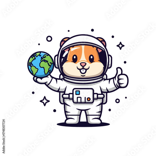Whimsical hamster astronaut cheerfully presents the planet Earth while giving a thumbs-up, symbolizing cosmic adventure, global unity, and joyful exploration of the universe