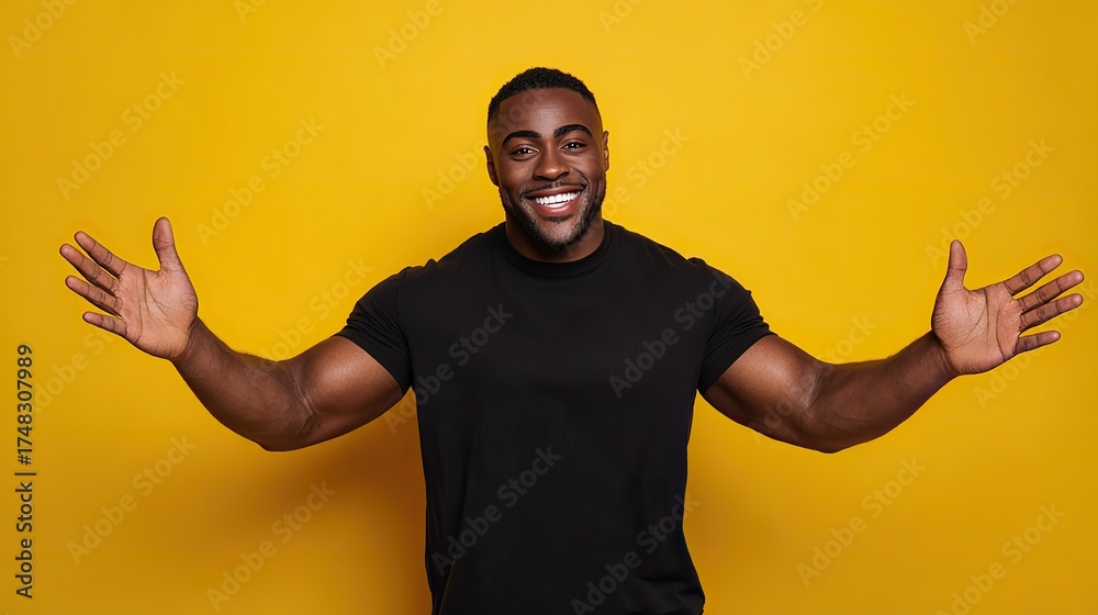 Fototapeta premium Smiling African American man with open arms in a welcoming gesture against a vibrant yellow background, symbolizing positivity, inclusion, and human connection for World Kindness Day