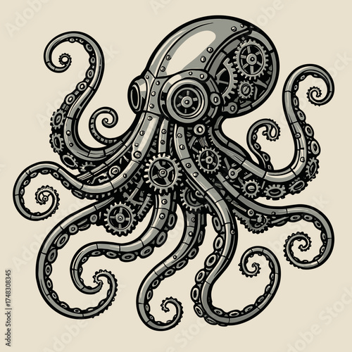 Steampunk octopus with mechanical gears and intricate designs, showcasing a blend of nature and machinery