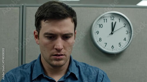 Man in Office Looking Anxious Near Clock at Noon Deadline Pressure, Work Stress, Time Management, and Workplace Concerns