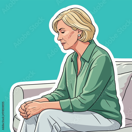 Mature woman sitting on a couch looking down with her hands clasped