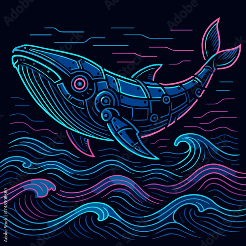 Stylized illustration of a robotic whale leaping above abstract waves in vibrant blue and pink colors on a dark background