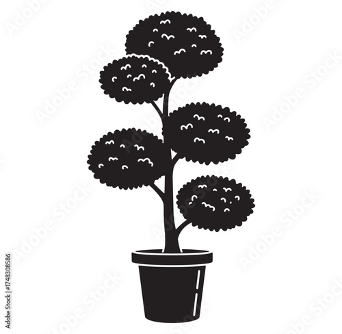 Black and white topiary tree vector illustration in a modern minimalist style for design