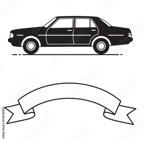 Black and white vector illustration of a classic sedan car with a blank banner