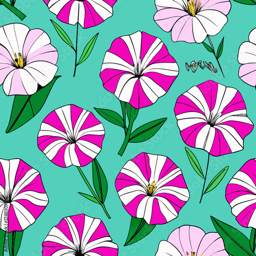 Seamless pattern of vibrant pink and white striped petunia flowers with green leaves on a teal background