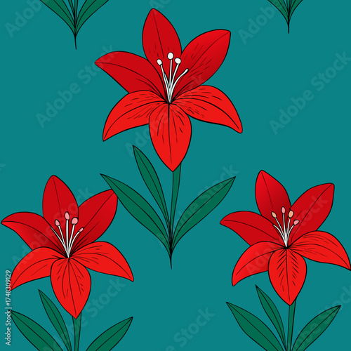 Seamless pattern of vibrant red lilies with green leaves against a teal blue background