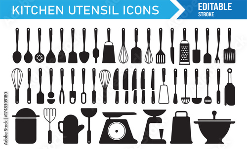 Kitchen equipment icons pack, flat vector utensils for restaurant, food, and kitchen design projects