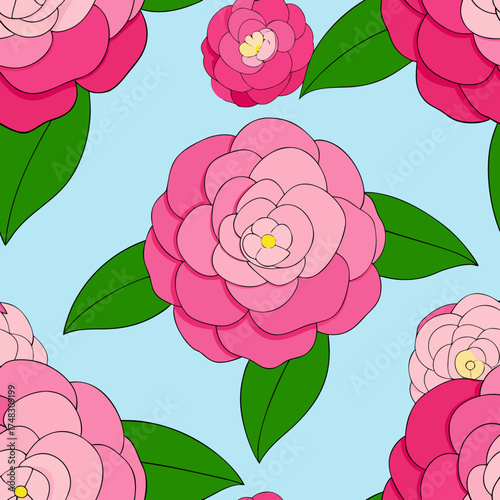Seamless pattern of pink camellia flowers with green leaves on a light blue background