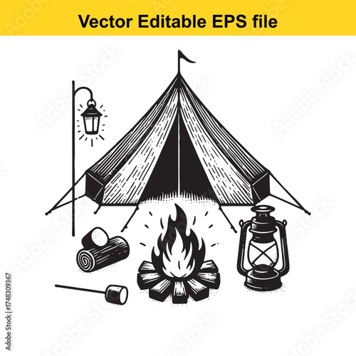 Vector art of handdrawn illustration of a camping scene with a tent, campfire, lanterns, and firewood, isolated on a