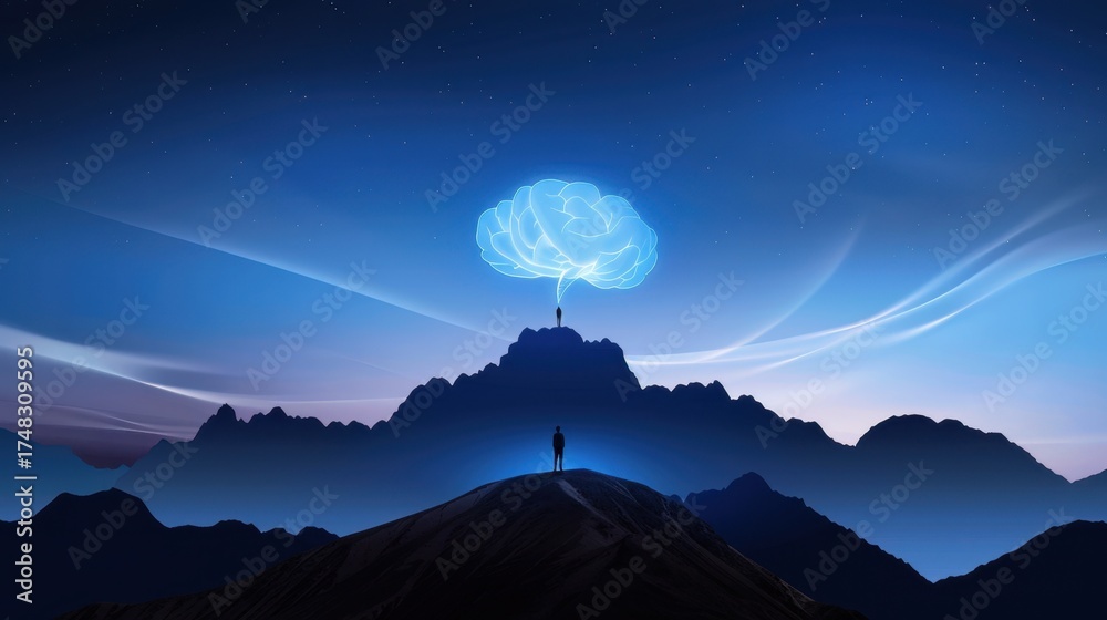 custom made wallpaper toronto digitalSilhouette of a Person Standing on a Hill with a Dreamlike Brain Cloud Above Mountain at Dusk