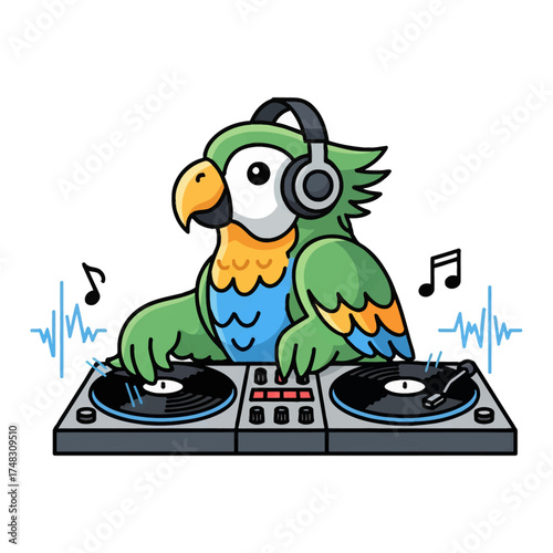 Parrot DJ Mixing Music with Turntables and Headphones Illustration