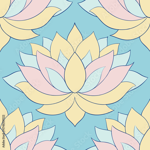 Seamless pattern of stylized lotus flowers in pastel yellow pink and light blue on a soft blue background