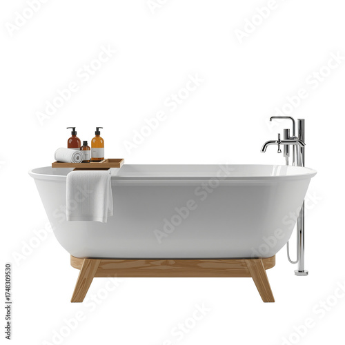 (AI) Front view of Relaxing freestanding tub with wooden stand on transparent background