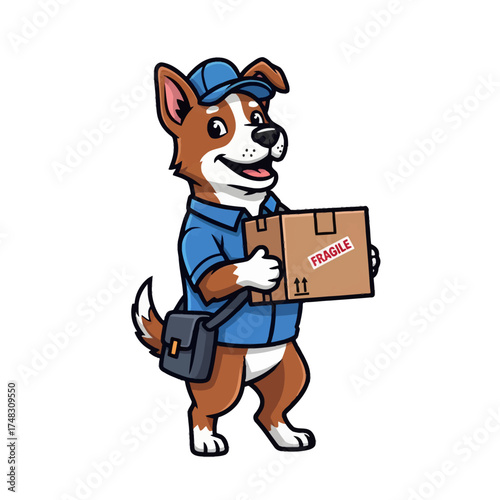 Friendly cartoon dog delivery mascot in blue uniform and cap, cheerfully carrying 'FRAGILE' package. Represents swift, careful, and reliable package delivery service