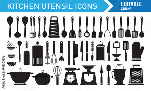 Editable stroke kitchen tools vector pack including spoons, knives, spatulas, and cookware elements