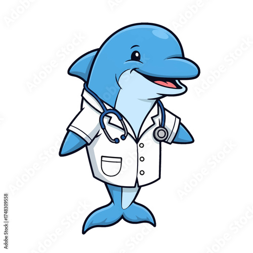 Friendly smiling dolphin character dressed as a medical professional in a white coat with a stethoscope, representing pediatric healthcare or a veterinary clinic