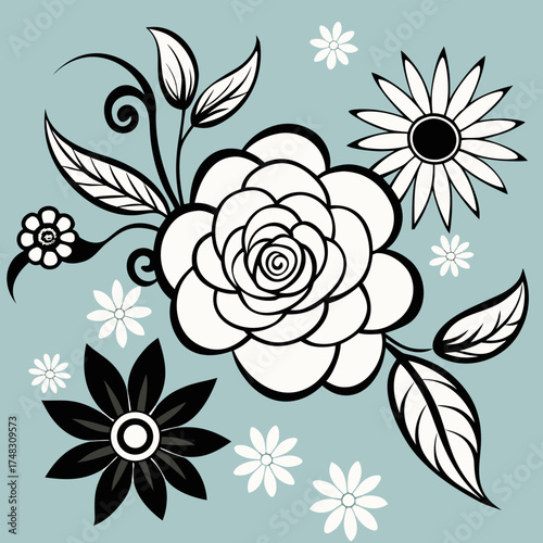 Stylized black and white floral arrangement with a large rose and various flowers on a soft blue background