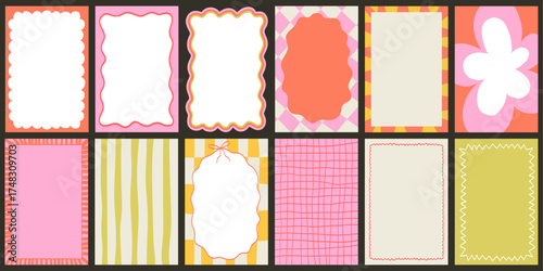 Set of hand-drawn frames with wavy squiggle curly edges and colorful backgrounds. Hand-drawn borders with abstract wavy lines and retro patterns for invitations, posters, social media templates decor.
