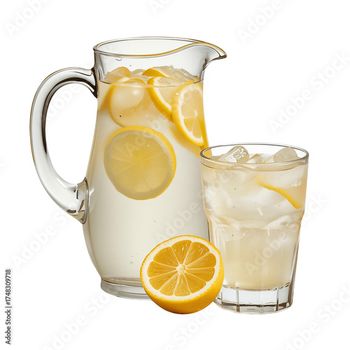 (AI) Refreshing homemade lemonade in a glass pitcher on transparent background