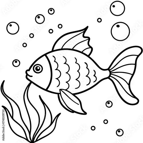 Cute cartoon black and white fish swimming among seaweed and bubbles in the ocean