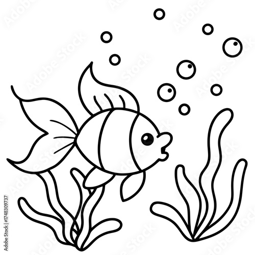 Cute cartoon goldfish swimming in water surrounded by seaweed and bubbles line art illustration for coloring