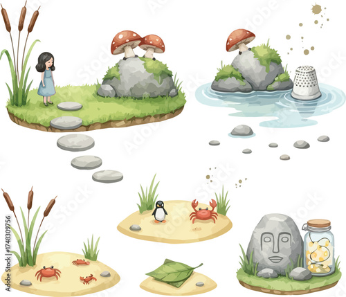 Watercolor whimsical illustration with fantasy islands
