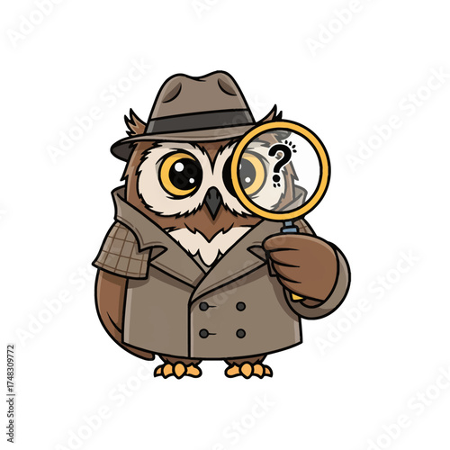 A wise cartoon owl dressed as a detective in a trench coat and hat, holding a magnifying glass to investigate a mystery with a question mark