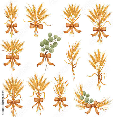Wheat and eucalyptus bundle seamless pattern