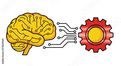 Vector illustration of stylized illustration of a yellow brain with circuit board patterns connected to a red gear, symbolizing artificial intelligence and mechanical integration