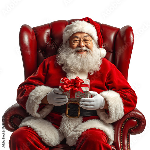 (AI) Front view of Santa claus with stack of christmas presents on transparent background