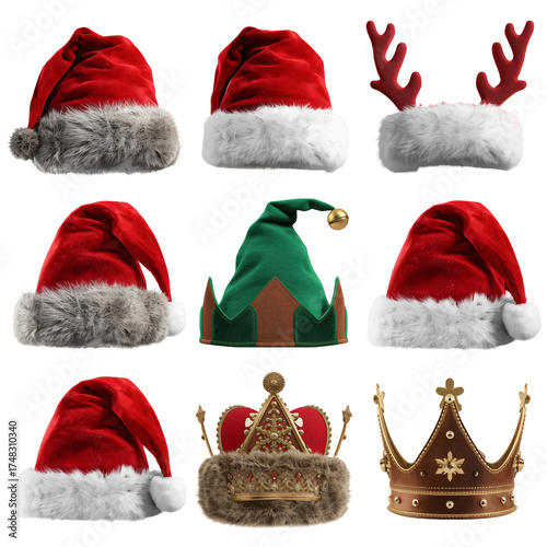 (AI) Funny elf, snow reindeer and santa claus hats for christmas on transparent background