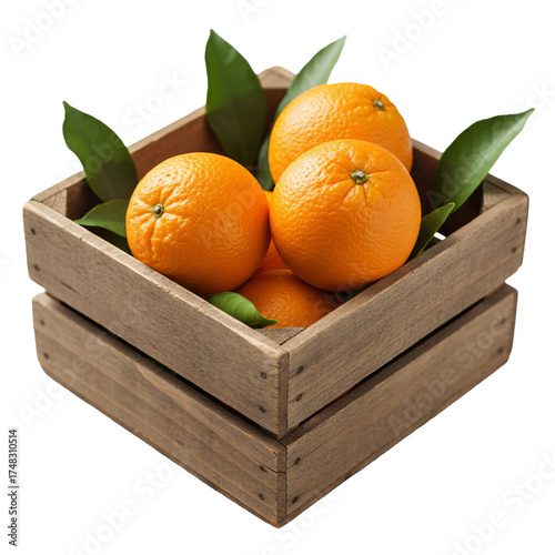 (AI) Fresh oranges in rustic wooden crate on transparent background