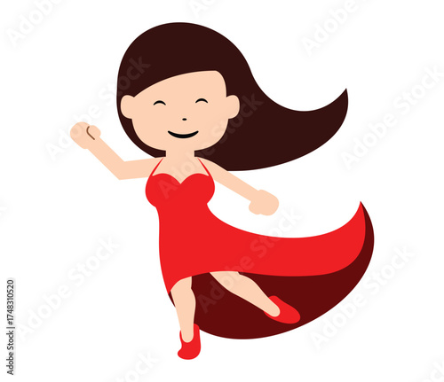 Cartoon woman with brown hair and red dress dancing happily on a white background illustration style vector