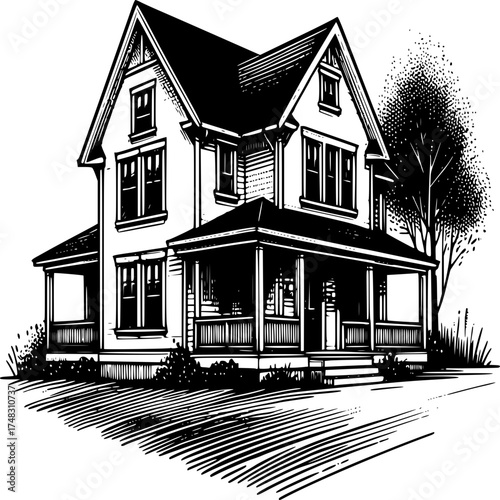 Elegant Home Architectural: This monochromatic illustration presents a detailed portrayal of a classic residential home, capturing its charm and architectural finesse.