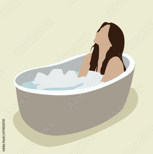 woman taking a bath in a bathtub.Woman lying in bathtub, taking bath and relaxing, full of soap foam.
