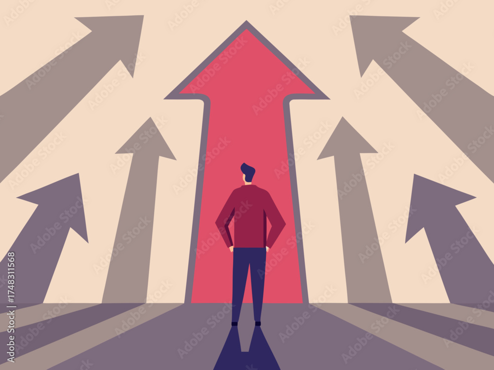 Fototapeta premium Man standing at crossroads facing multiple arrows representing different paths and opportunities