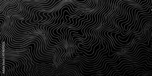 Abstract flowing white wavy lines on a dark black background creating a dynamic topographic map texture